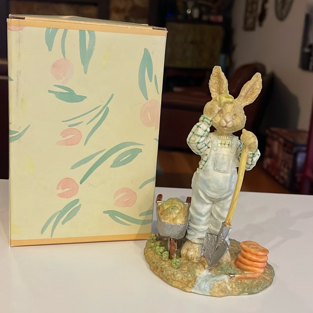 Russ Grandfather Bunny W/ Shovel Figurine & Box